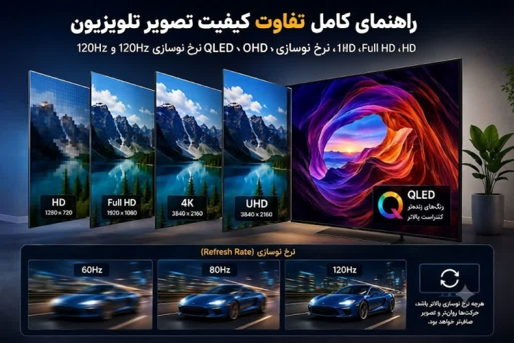 راهنمای کامل تفاوت کیفیت تصویر تلویزیون؛ HD، Full HD، 4K، UHD، QLED، نرخ نوسازی 60Hz، 80Hz و 120Hz